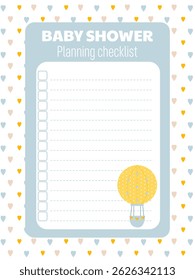 Cute checklist template for a newborn baby shower with hot air balloon