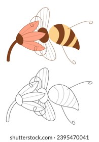 Cute cheeky bee with head in flower. Flat color and black and white vector illustration.