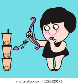 Cute Cheeky Girl Shooting Amour Bow With Arrow To Favourite Bubble Milk Tea. Falling In Love With Sweet Drink Symbol. Valentines Day Series Concept Card Character illustration