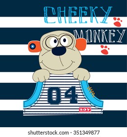 cute cheeky monkey on striped background, T-shirt design vector illustration