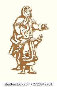 Niedliche Freude junge Mama Dame Umarmung männlichen Jungen Freund lustig lachen Gesicht alte Schal Schal Schal Kleid Stoff kalten Frost weißen Park Text Raum Handgezeichnet ländlichen Mama stehen Pflege Spiel beten Gott fragen Liebe Skizze Kunst