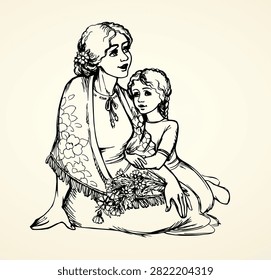 Cute cheer joy young mum lady fun hold arm feel sad male boy baby son play funny game face seat old park lawn floor white sky text space. Hand drawn outline rural mommy tender care protect talk pray tell ask god retro doodle fairy tale line art style
