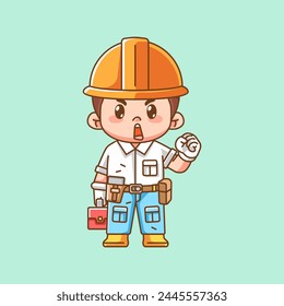 Cute cheer mechanic with tool at workshop kawaii chibi character mascot illustration outline style design set