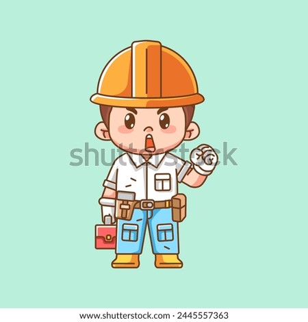 Cute cheer mechanic with tool at workshop kawaii chibi character mascot illustration outline style design set