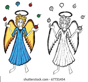 Cute cheerful angel juggling with Christmas balls.  Each image on it's own layer.