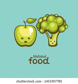 Cute cheerful apple and broccoli . Comic cartoon character. Template for logo, label, menu and packaging decoration. Natural food vector illustration.