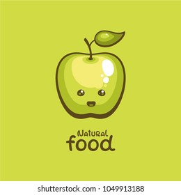 Cute cheerful apple. Comic cartoon character. Template for logo, label, menu and packaging decoration. Natural food vector illustration.