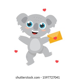 Cute cheerful Australian koala holding a letter with a heart, holiday Valentine's Day. flat cartoon vector illustration