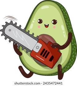 Cute cheerful avocado psychopath with a chainsaw. Fruit character. Vector cartoon style.