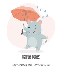 Nettes fröhliches Baby-Nashorn mit einem Regenschirm im Regen. Herbst Kinderabbildung, Druck, Karte