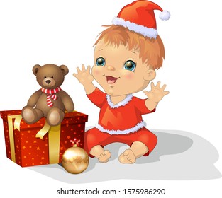 Cute cheerful baby in Santa Claus hat with a teddy bear and a gift. Vector illustrationi in cartoon style. Clipart Isolated on white background