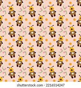 Una abeja linda y alegre vuela entre flores. Patrón floral. Vector. Para impresiones y tejidos, embalaje y reserva de recortes, folletos y folletos, productos infantiles, fiestas de género.