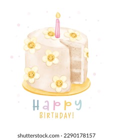 Cute cheerful birthday smiley daisy flowers cake with candle on top, Happy birthday watercolor hand painting illustration for greeting card idea.