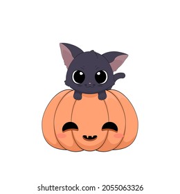 Cute cheerful black cat on an orange pumpkin. Adorable hand drawn kitty, funny Halloween or fall vector illustration isolated on white background. Trick or treat!