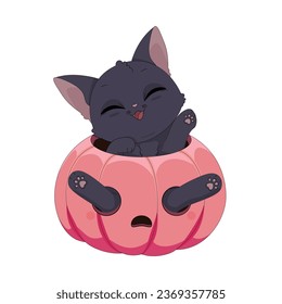 Cute cheerful black cat in pink pumpkin. Adorable hand drawn kitty in relaxed pose, funny Halloween or fall vector illustration isolated on white background. Trick or treat!