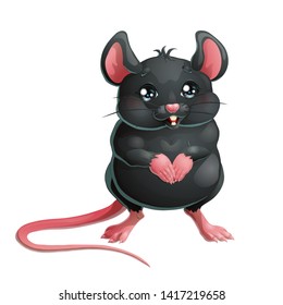 The cute cheerful black and pink mouse with dark eyes stand on hind legs. Colorful rat, vector cartoon illustration 3d style isolated on white background