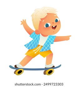 Cute cheerful blond boy boy riding skateboard or longboard, kids character graphic cartoon. Childhood sportive activity, happy boy on board. Children activity vector clip art illustration.