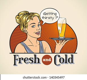 Cute cheerful blondie with a pint of beer on a tray. Editable layered vector.