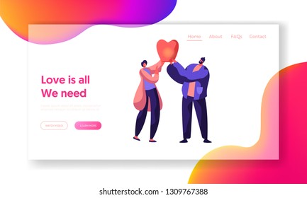 Cute Cheerful Boy and Girl Launch Sky Lantern in the Park Landing Page. Beautiful Couple in Love on Social Networks. Lovers Meeting Character Website or Web Page. Flat Cartoon Vector Illustration