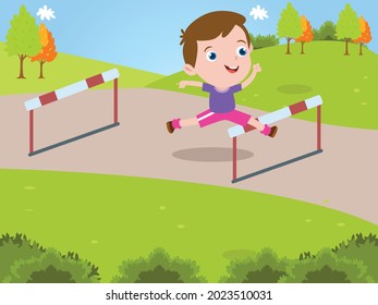Cute cheerful boy jumping over hurdle in physical education at school flat cartoon vector illustration