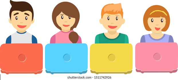 Cute cheerful boys with laptops sitting in different pose