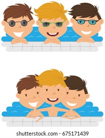 Cute cheerful boys relaxing in the pool. Young teens having fun in outdoor swimming pool. Summer vacation in the resort. 