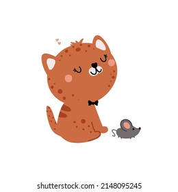 Cute cheerful brown kitten with a mouse isolated on a white background. Vector illustration for kids greeting card party invitation or fashion.