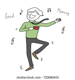 Cute and cheerful businessman dancing while having a cup of coffee. Music note symbols included. Vector illustration with hand-drawn style.