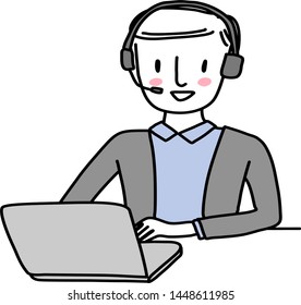 Cute and cheerful call center agent working at his desk. Smiling call center agent talking to client. Customer service officer  working in office. Handsome Hotline Support Officer consulting client.