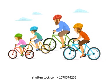 cute cheerful cartoon active family riding bikes bicycles, cycling together isolated vector illustration scene 