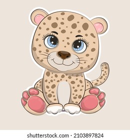 Cute cheerful cartoon baby leopard on a light background. Funny animal emotions. Modern animals in a flat style. Graphic element for kids, greeting card, cover, poster and t-shirt. Vector illustration