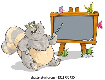 Cute cheerful cartoon colored fat cat near pointer board