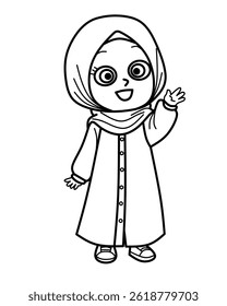 A cute and cheerful cartoon girl wearing a hijab and a long dress is waving her hand with a friendly smile. This simple line art illustration is perfect for educational materials, children's books, or