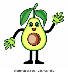 Cute and cheerful cartoon graphic vector illustration of avocado fruit character with waving legs and arms. Perfect for healthy eating concepts, and fruit related themes.