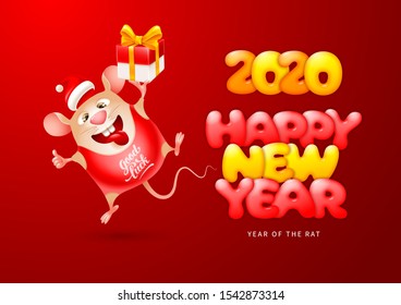 Cute cheerful cartoon rat, which smiling and dancing, symbol new 2020 year by eastern calendar with gift box and text Happy new Year. Greeting card design. Comic style. Vector illustration.