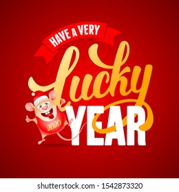 Cute cheerful cartoon rat, which smiling and dancing, symbol new 2020 year by eastern calendar with a calligraphy lettering. Christmas and New Year Greeting card design. Vector illustration.