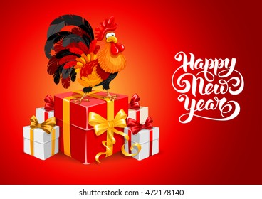 Cute cheerful cartoon rooster, symbol 2017 year by eastern calendar with a many gifts. Christmas and New Year Greeting card design. Vector illustration.