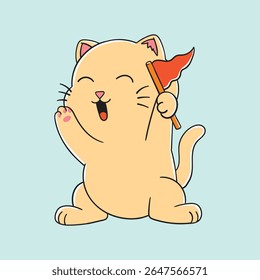 Cute Cheerful Cat Holding Red Flag with Smile Expression