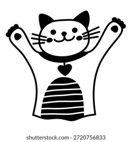 Gatito lindo y alegre. Ilustración de contorno de Vector infantil dibujado a mano de dibujos animados Doodle aislado sobre fondo blanco. Arte de contorno. Color negro. Retrato