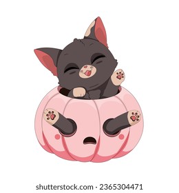 Cute cheerful cat in pink pumpkin. Adorable hand drawn kitty in relaxed pose, funny Halloween or fall vector illustration isolated on white background. Trick or treat!