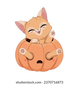 Cute cheerful cat in pumpkin. Adorable hand drawn kitty in relaxed pose, funny Halloween or fall vector illustration isolated on white background. Trick or treat!