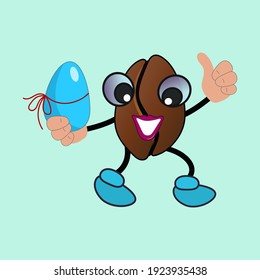 Cute cheerful character - a coffee bean with an Easter egg. Vector illustration in cartoon style. Drawing for a postcard on a light green background.