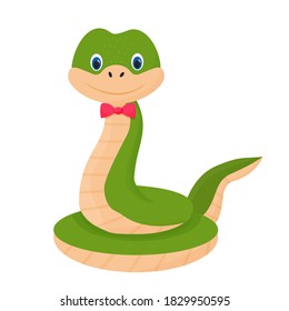 Feine, fröhliche Charakterschlange, die im Cartoon-Stil lächelt. Childisches Tier, Reptilien-Clipkunst einzeln auf weißem Hintergrund.