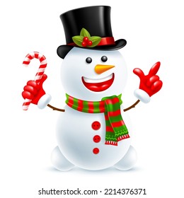 Cute cheerful character snowman in cylinder hat with christmas decor and knitted winter scarf, holding candy cane and pointing a finger at something. 3d Vector illustration