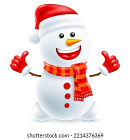 Cute cheerful character snowman in Santa hat and knitted winter scarf, showing gesture thumbs up and laughing. 3d Vector illustration