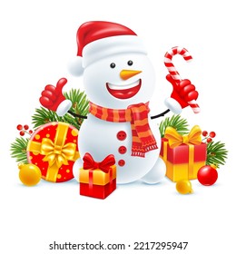 Cute cheerful character snowman in Santa hat and knitted winter scarf, showing gesture thumbs up and smiling. With gifts, Christmas decorations and fir tree branches. 3d Isolated vector illustration