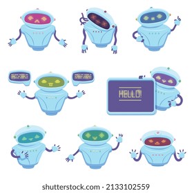 Cute and cheerful chatbot with different emotions, flat vector illustration isolated on white background. Set of cartoon characters of artificial intelligence and smart technologies.