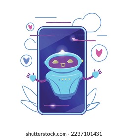 Cute and cheerful chatbot in smartphone, flat vector illustration isolated on white background. Happy cartoon character of futuristic robotic assistant in customer support.