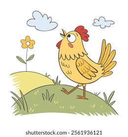 Cute cheerful chicken on a meadow with flowers. Hand drawn illustration for children.