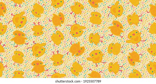 Cute cheerful chicks seamless vector pattern. Easter holiday surface print design in sunny yellow colors. Great for fabrics, stationery, scrapbook paper, gift wrap, textiles, backgrounds and packaging